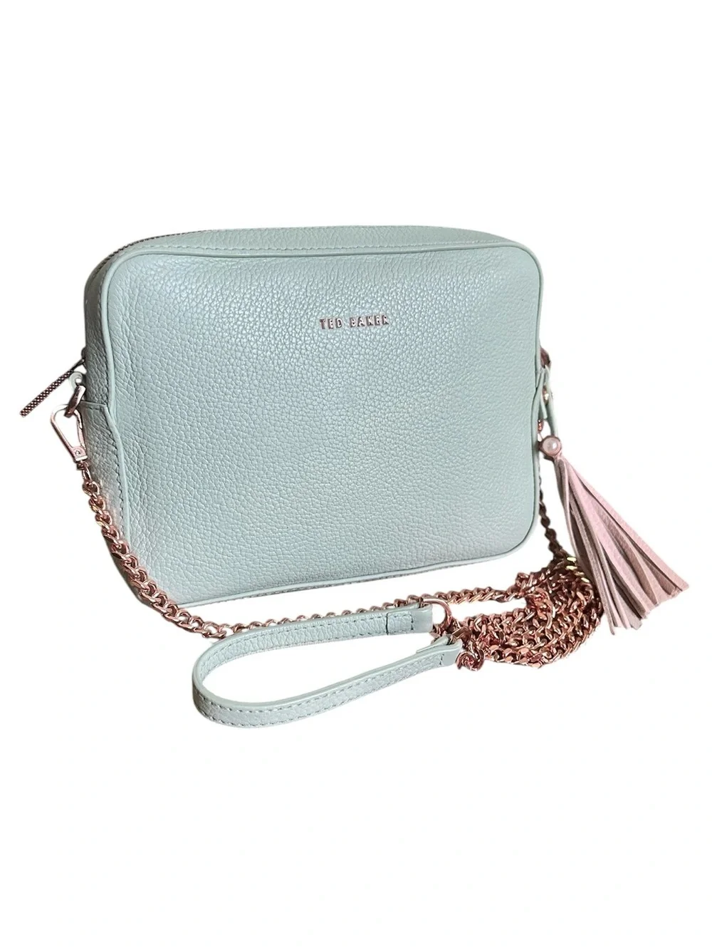 Ted Baker Mint Green Leather Camera Crossbody Rose Gold Tassel Bag
